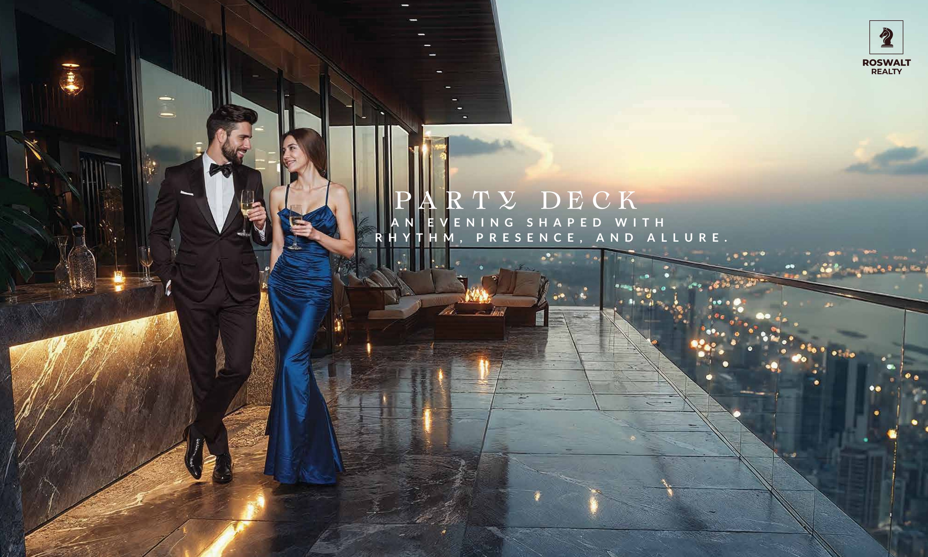 Rooftop party deck overlooking the skyline